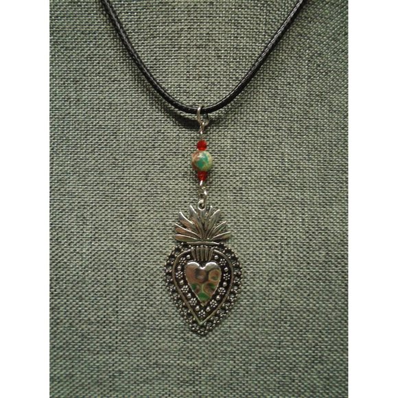 Sacred Heart Pendant Necklace w/ Imperial Jasper Silver Tone on 16in cord w/ext - Picture 1 of 4